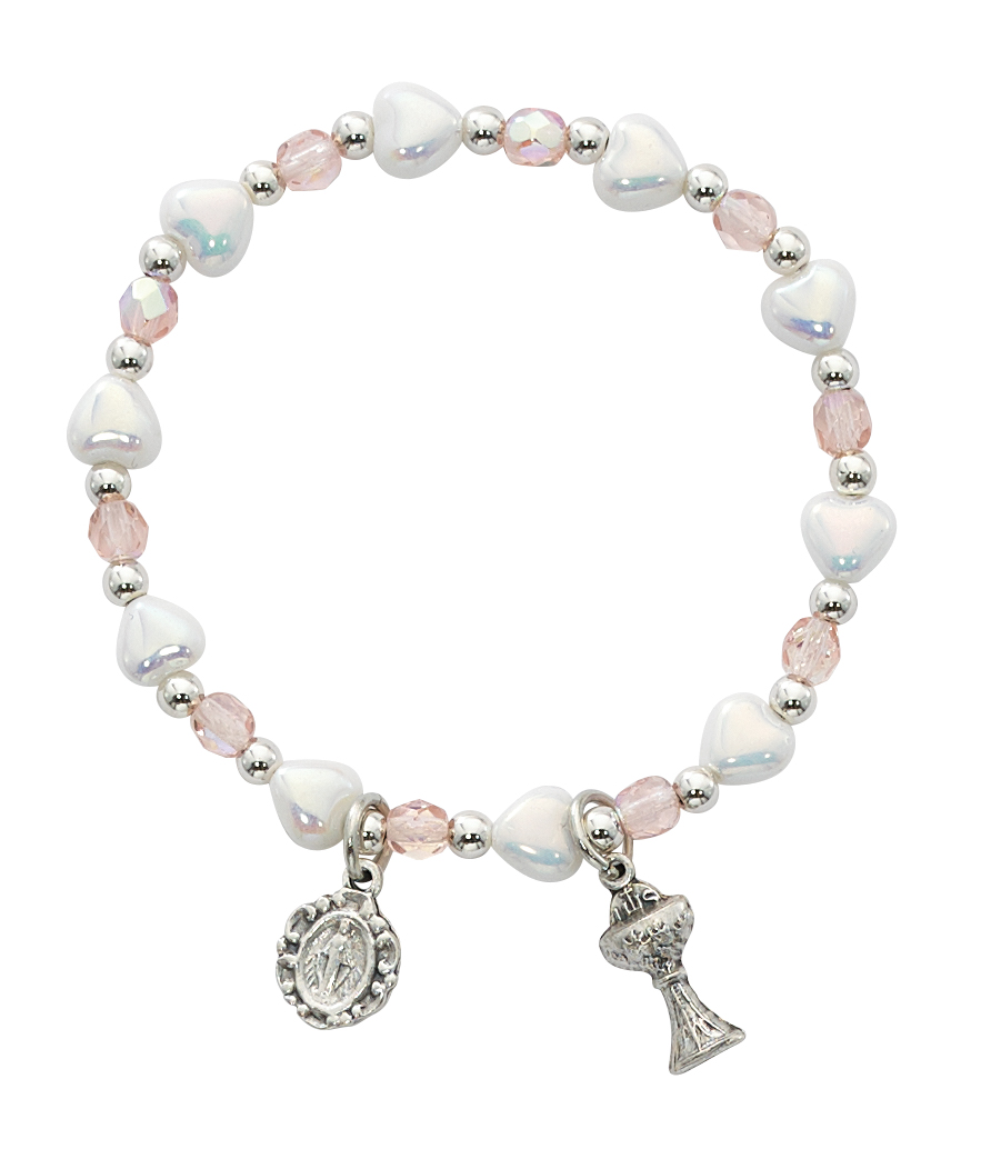 Imitation Pearl Hearts and Crystal Stretch Communion Bracelet