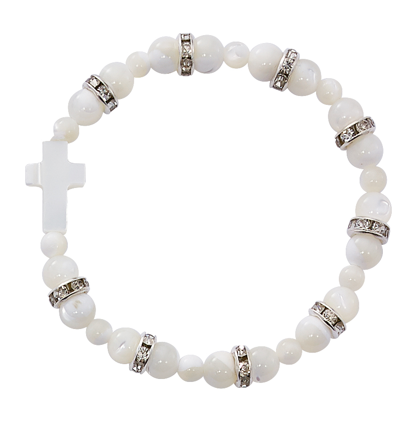 Youth Mother of Pearl Stretch Cross Bracelet