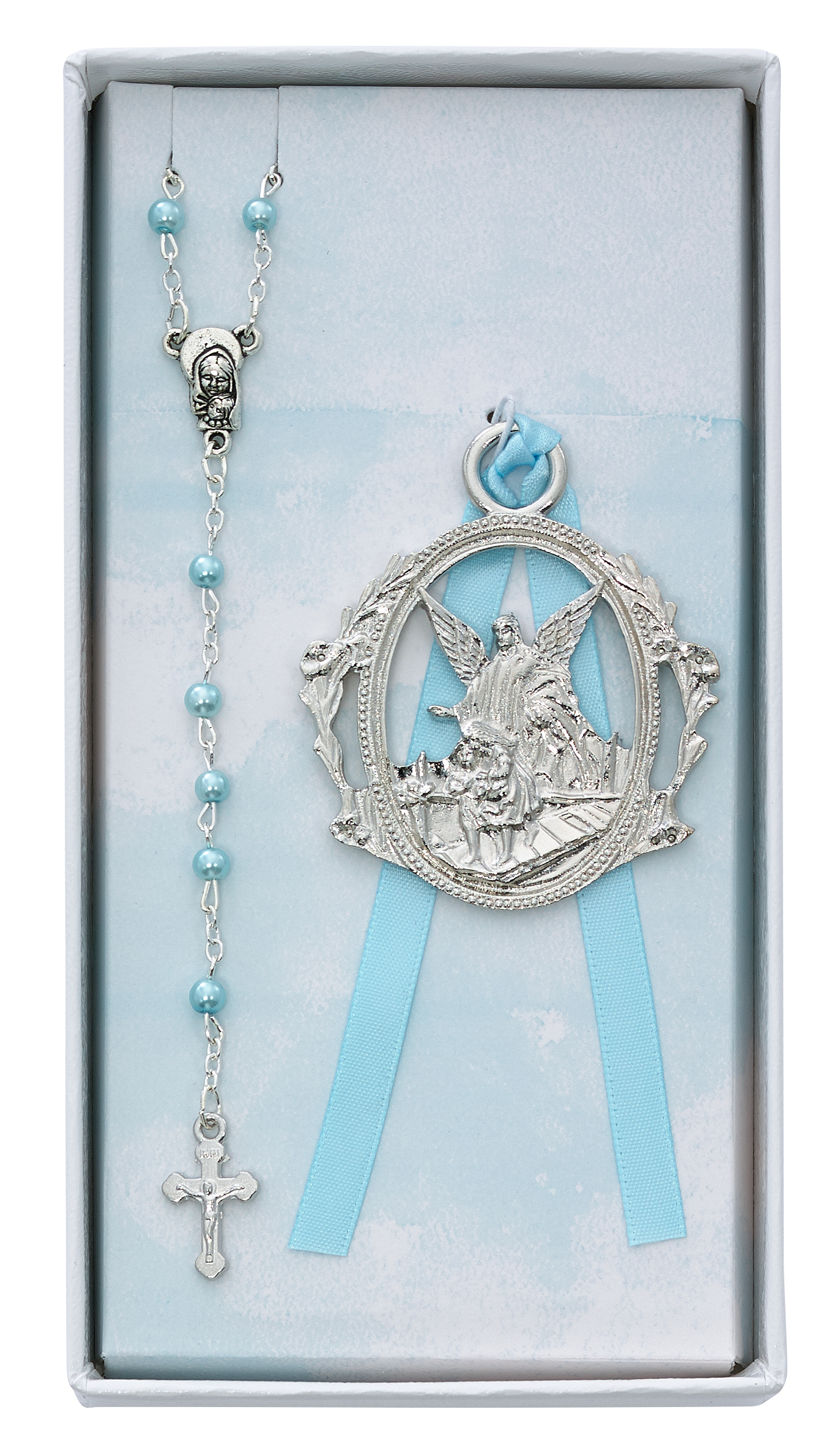 Angel Crib Medal and Blue Rosary Set