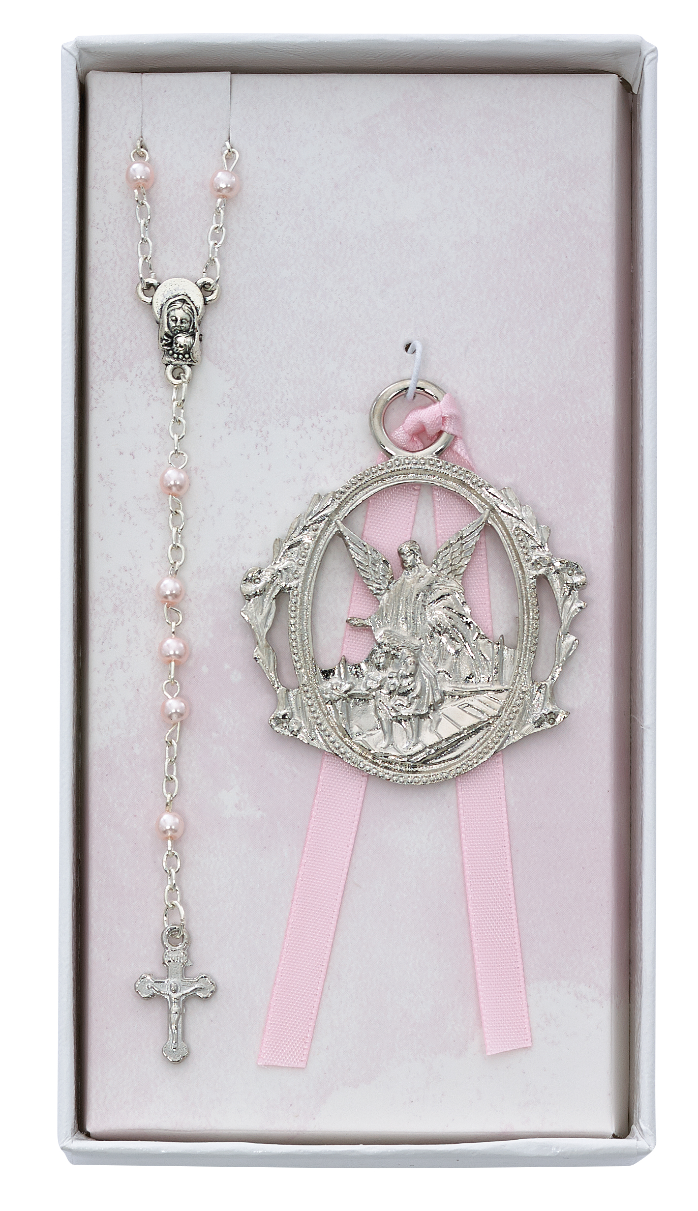 Angel Crib Medal and Pink Rosary Set