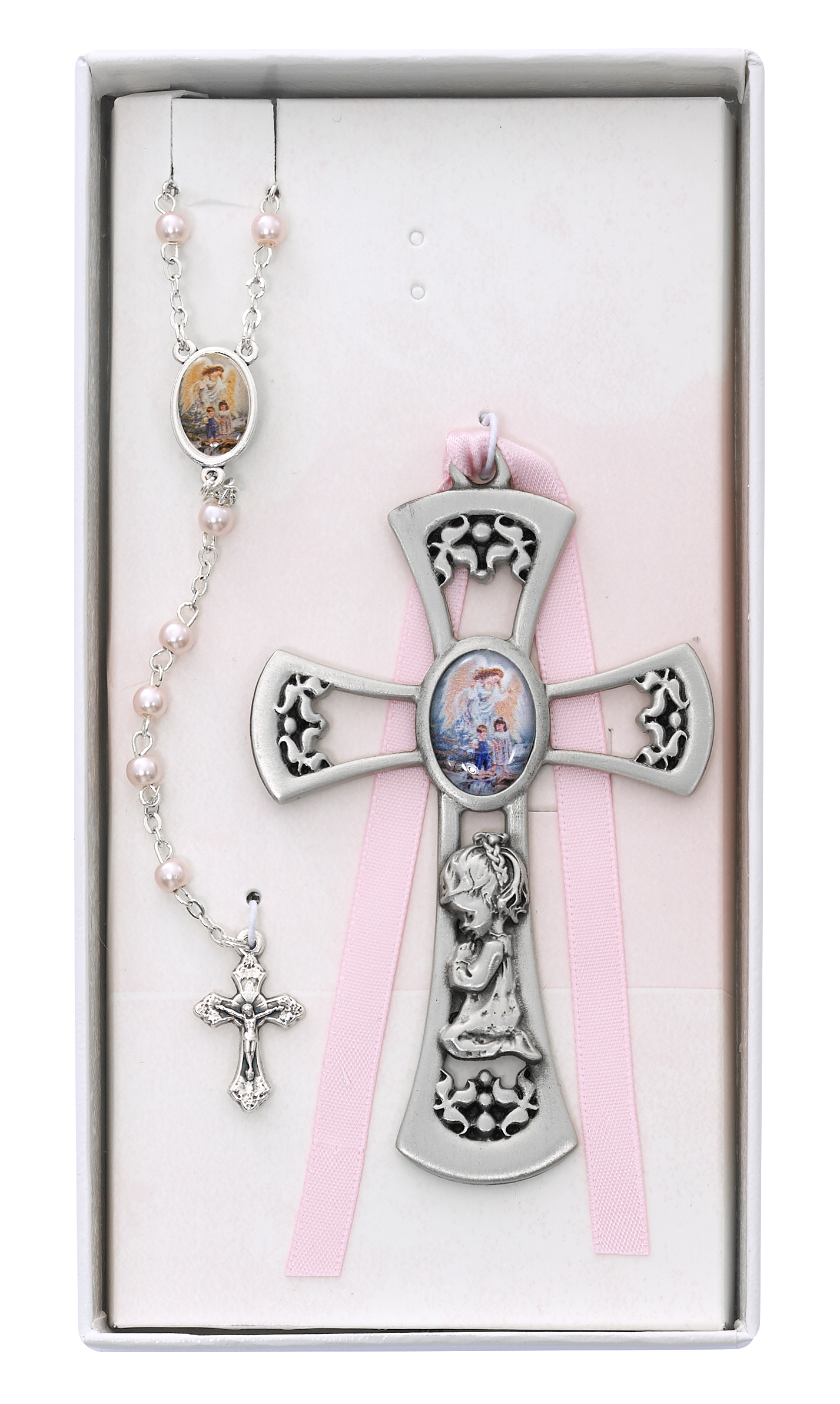 Crib Cross and Pink Rosary Set
