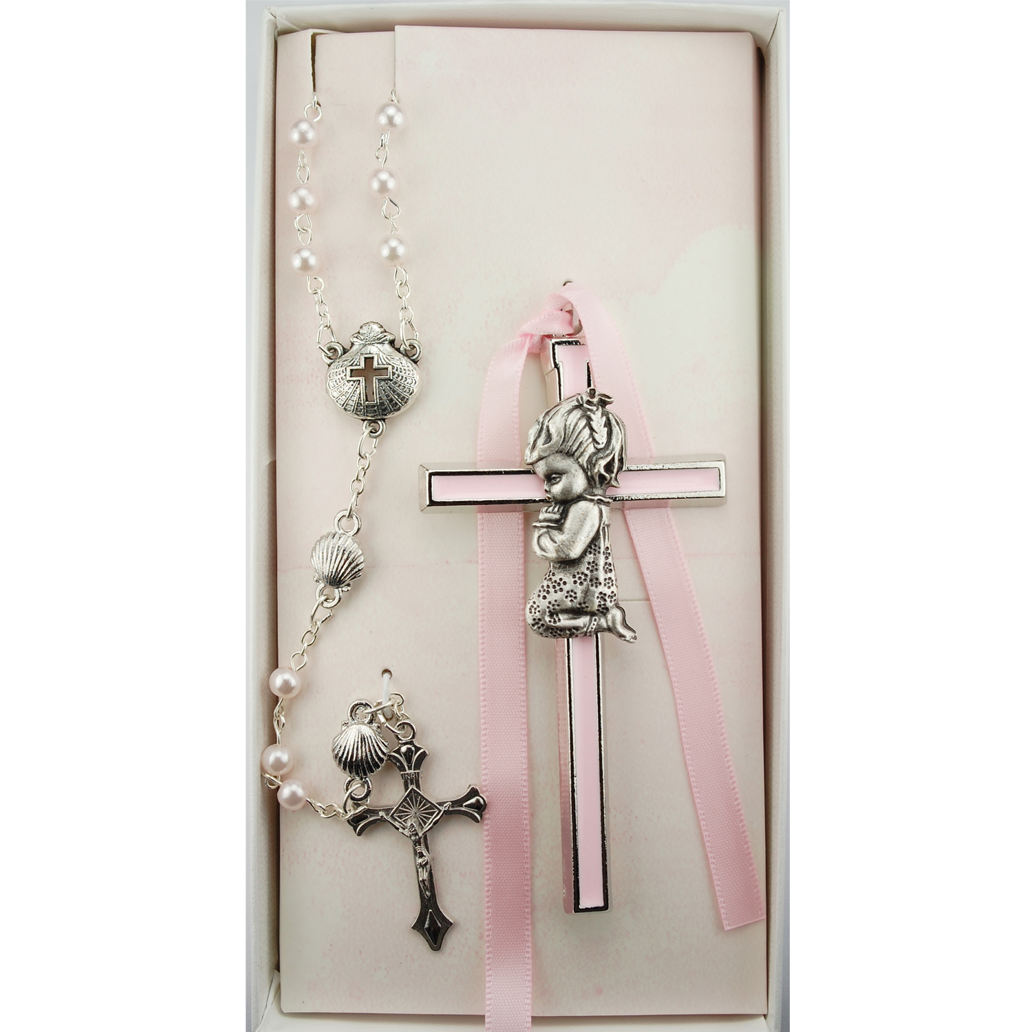 Pink Crib Cross and Pink Shell Rosary Set