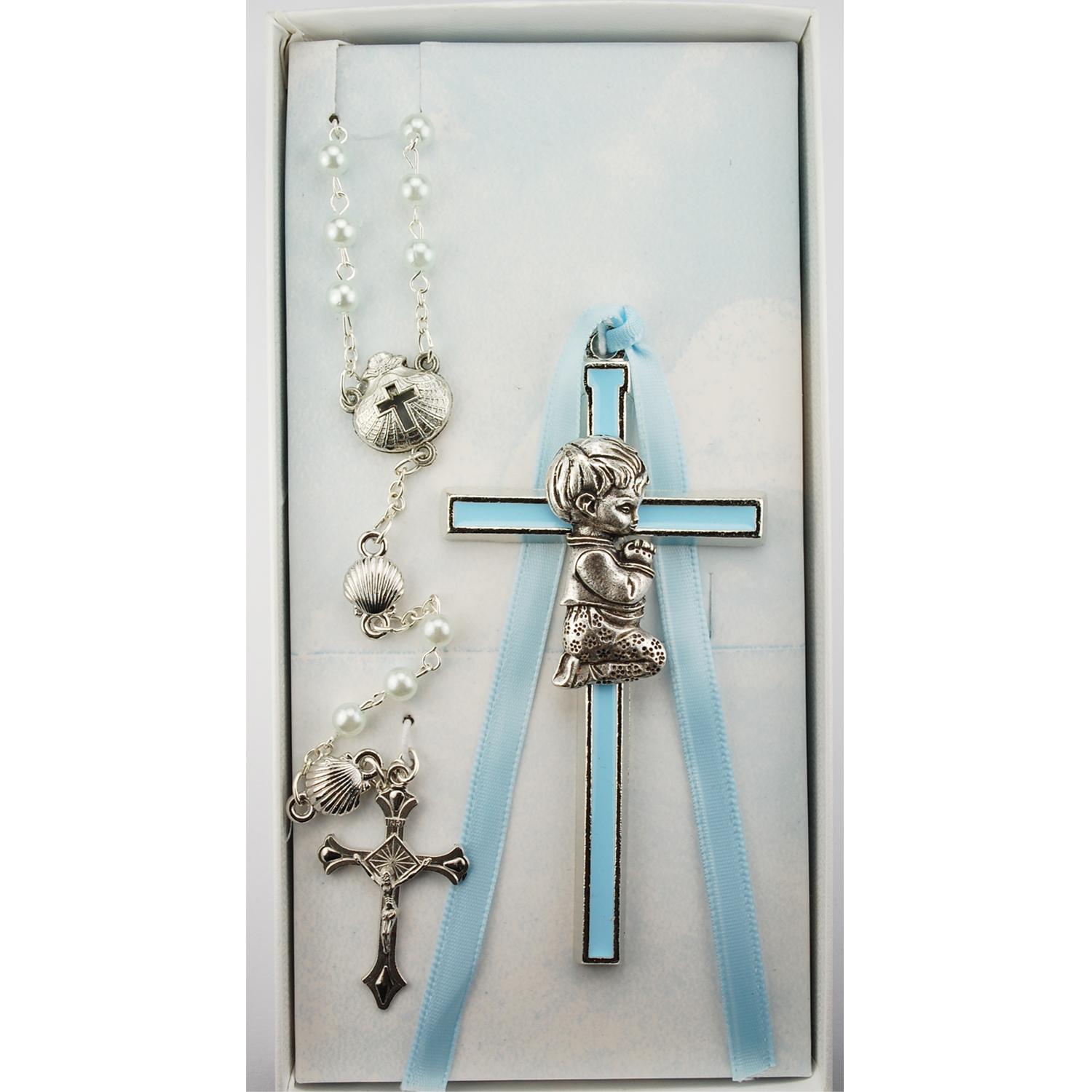 Blue Crib Cross and Blue Shell Rosary Set