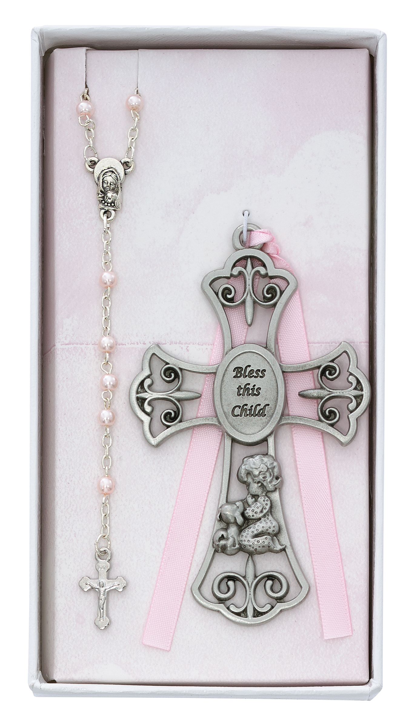 Baby Girl and Puppy Crib Cross and Rosary