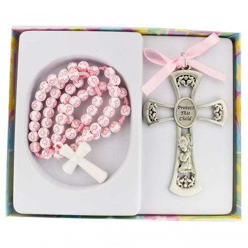 Crib Medal Cross With Rosary Girl