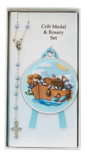 Noah's Ark Crib Medal and Blue Rosary Set
