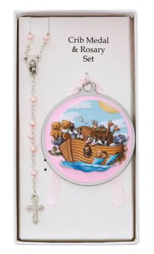 Noah's Ark Crib Medal and Pink Rosary Set