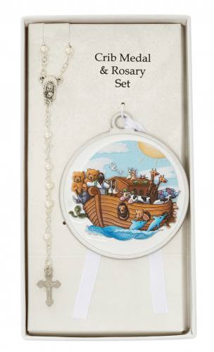Noah's Ark Crib Medal and White Rosary Set