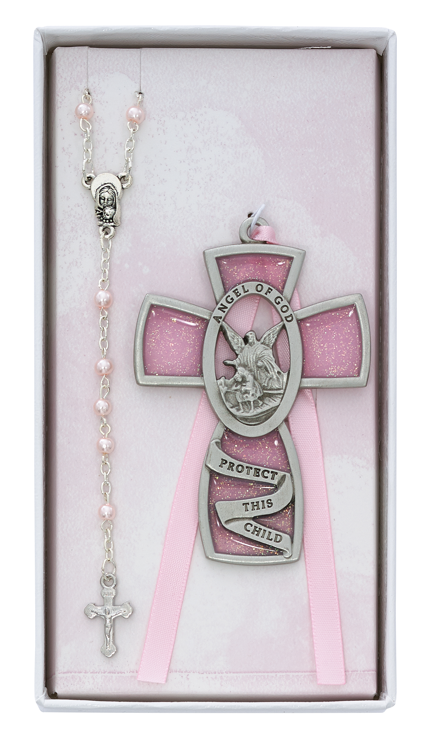 Pink Crib Cross and Pink Rosary Set