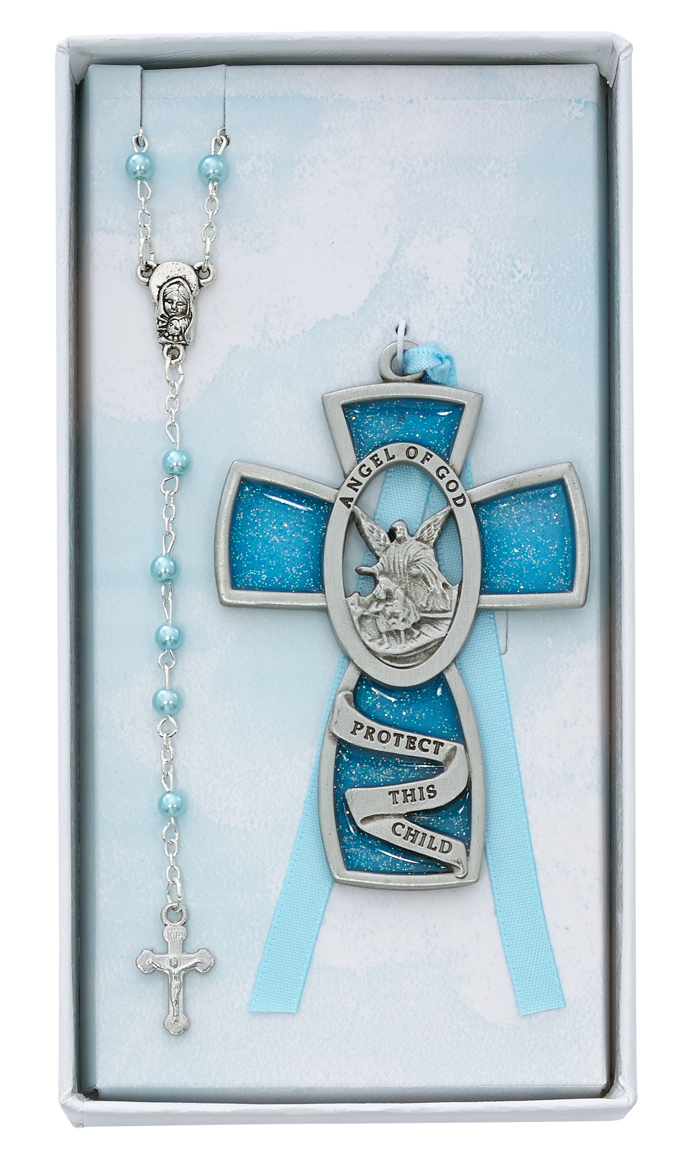 Blue Crib Cross and Blue Rosary Set