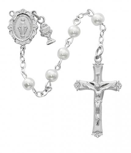 Rosary 1st Communion Miraculous Medal Pewter Silver Pearl Beads