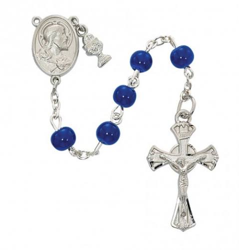 Sacred Heart of Jesus Blue Glass Cross Rosary Beads.