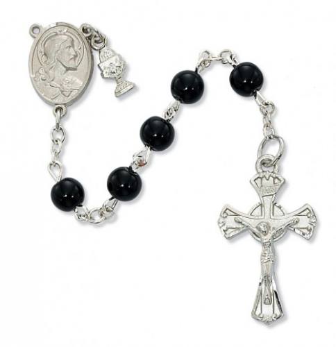 Rosary 1st Communion Sacred Heart Pewter Silver Black Glass Bead