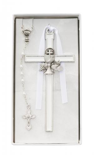 Cross Wall First Communion 5 inch White Enameled with Rosary