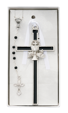 Cross Wall First Communion 5 inch Black Enameled with Rosary
