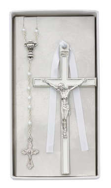 Crucifix Wall First Communion 5 inch White Enameled with Rosary