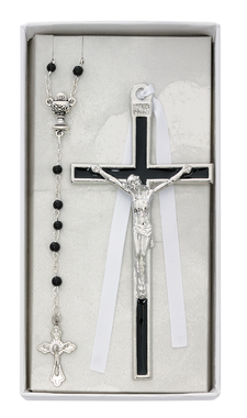 Crucifix Wall First Communion 5 inch Black Enameled with Rosary
