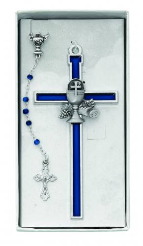 Cross Wall First Communion 5 inch Blue Enameled with Rosary