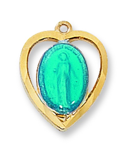 Miraculous Medal Heart 1/2 inch Sterling Gold Enameled