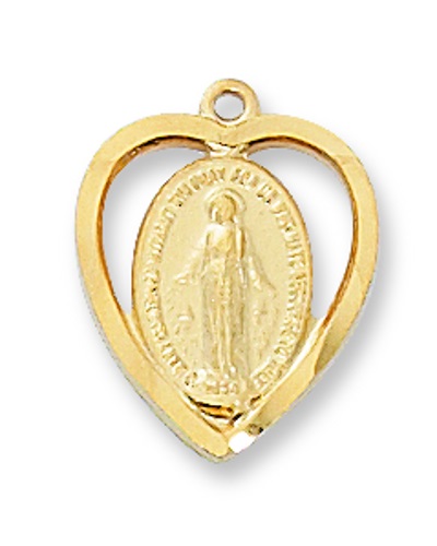 Miraculous Medal Necklace Heart 1/2 inch Sterling Gold