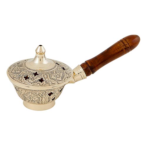 Ornate Incense Burner with Wood Handle