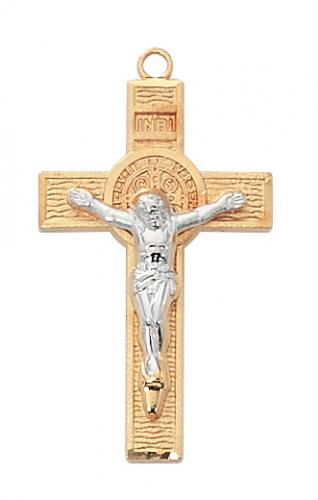 Crucifix Necklace St. Benedict Medal 1.5 inch Sterling Gold