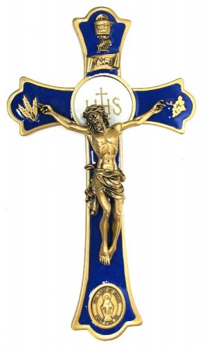 Crucifix Wall Holy Mass Our Lady Grace 8 inch Pewter Enameled