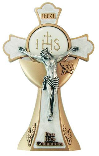 Crucifix Standing Holy Mass First Communion 6 inch Pewter Enamel
