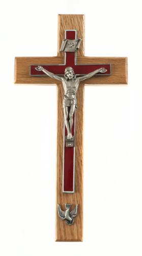 Crucifix Wall Confirmation 10 inch Oak Red Inlaid Silver Corpus