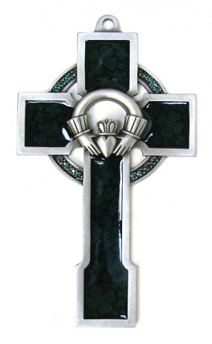 Cross Wall Celtic Claddagh 5 inch Pewter Silver Enameled