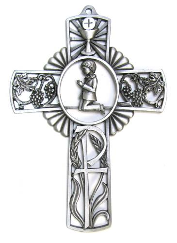 Cross Wall First Communion Boy 5 inch Pewter Silver