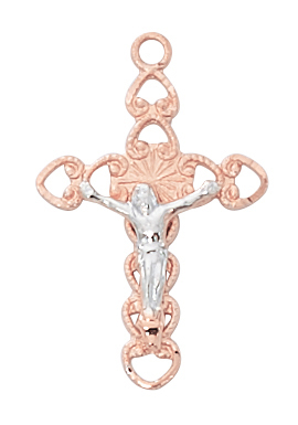 Crucifix Necklace 7/8 Inch Sterling Silver Rose Gold Two Tone
