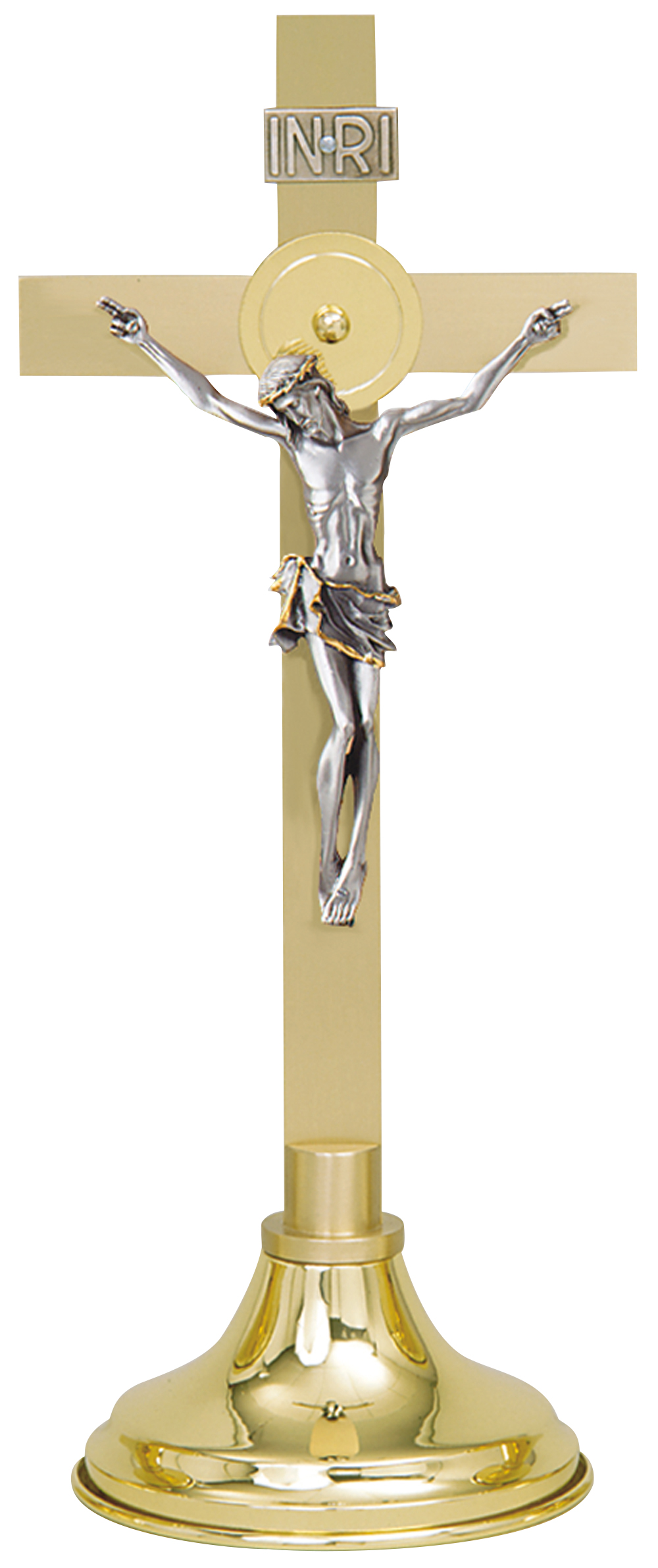Altar Crucifix  15 inch Two Tone Brass Silver Ox. Corpus