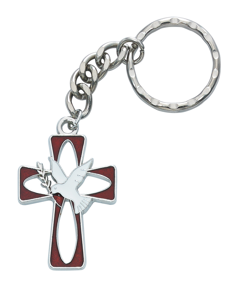 Red and White Enameled Holy Spirit Key Ring