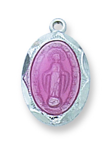 Miraculous Medal Necklace 1/2 inch Sterling Silver Enam Pink