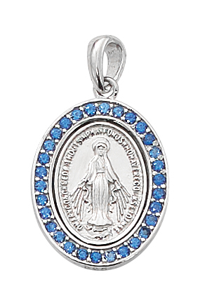 Miraculous Medal Necklace 3/4 inch Sterling Silver Blue Stone