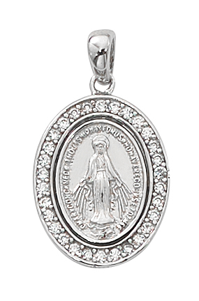 Miraculous Medal Necklace 3/4 inch Sterling Silver Crystal Stone