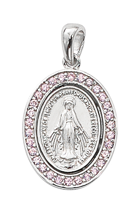 Miraculous Medal Necklace 3/4 inch Sterling Silver Pink Stone