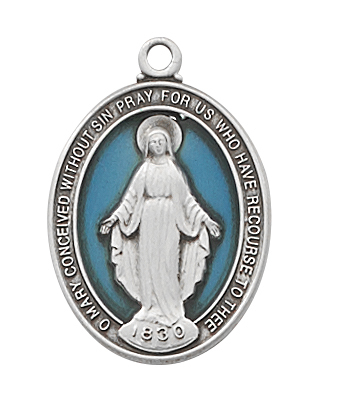 Miraculous Medal Necklace 3/4 inch Sterling Silver Enameled