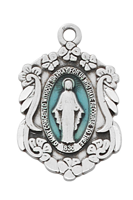 Miraculous Medal Necklace 7/8 inch Sterling Silver Enam Blue