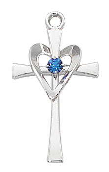 Cross Necklace Heart 3/4 inch Blue Stone Sterling Silver