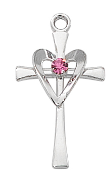 Cross Necklace Heart 3/4 inch Pink Stone Sterling Silver