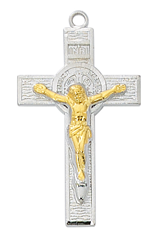Crucifix Necklace St. Benedict 1.5 inch Sterling Silver Two Tone