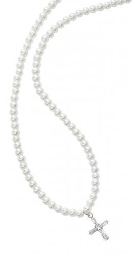 First Communion Necklace Pearl and Crystal Cross Stretch
