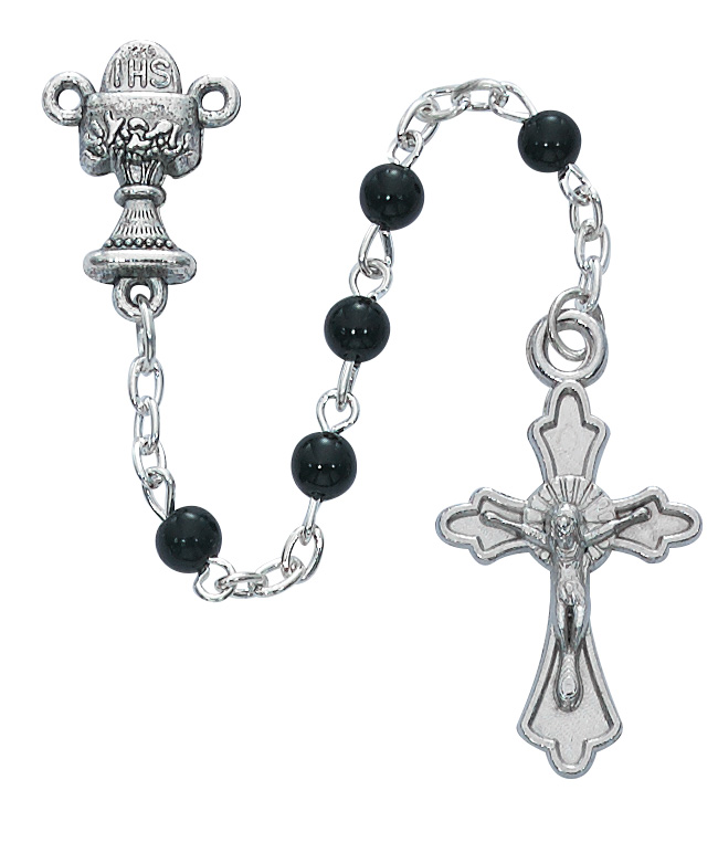 Black Glass Communion Rosary with Cross