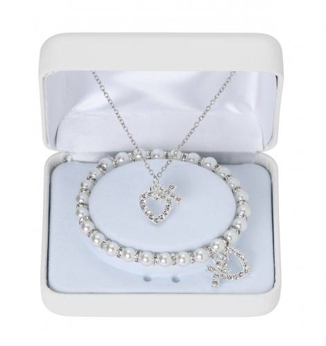 First Communion Jewelry Set White Pearl Crystal Cross Heart
