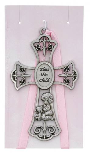 Crib Medal Cross Pewter Bless This Child Girl