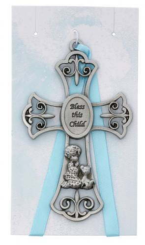 Crib Medal Cross Pewter Bless This Child Boy