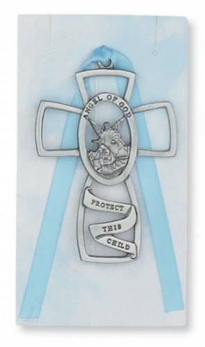 Crib Medal Cross Pewter Guardian Angel Boy