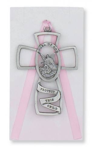 Crib Medal Cross Pewter Guardian Angel Girl